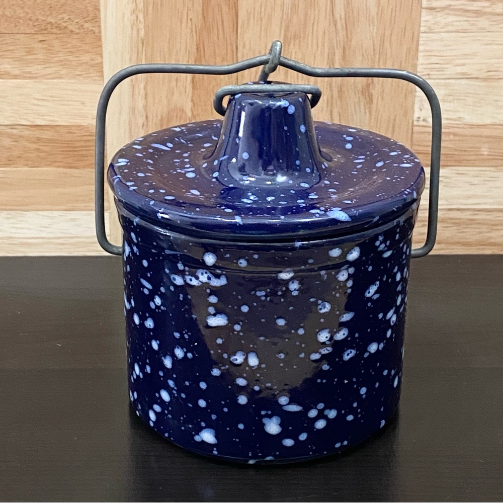 Vintage Stoneware Crock Speckled Cobalt Blue Butter Cheese Crock Jar Wired Lid